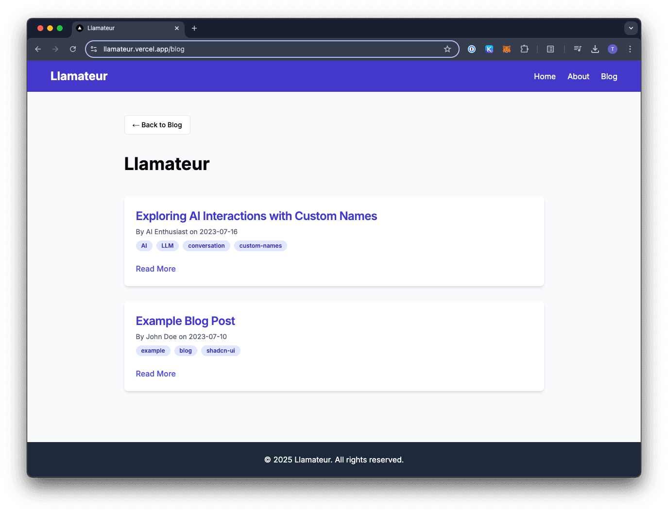 screenshot of the blog list page v0 generated