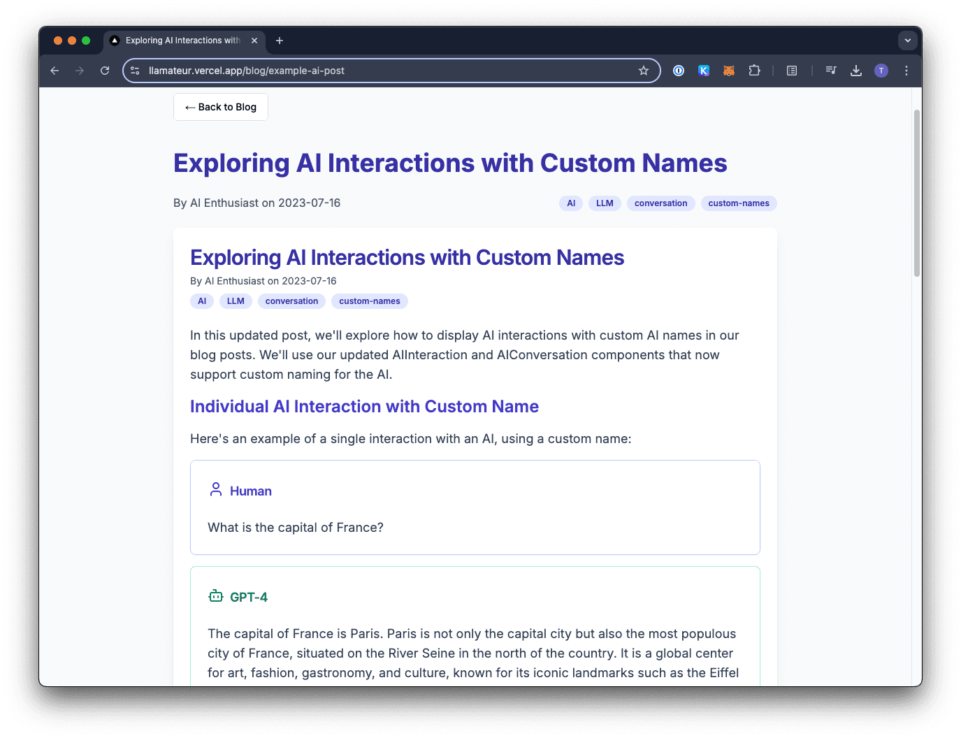 screenshot of the blog example page v0 generated