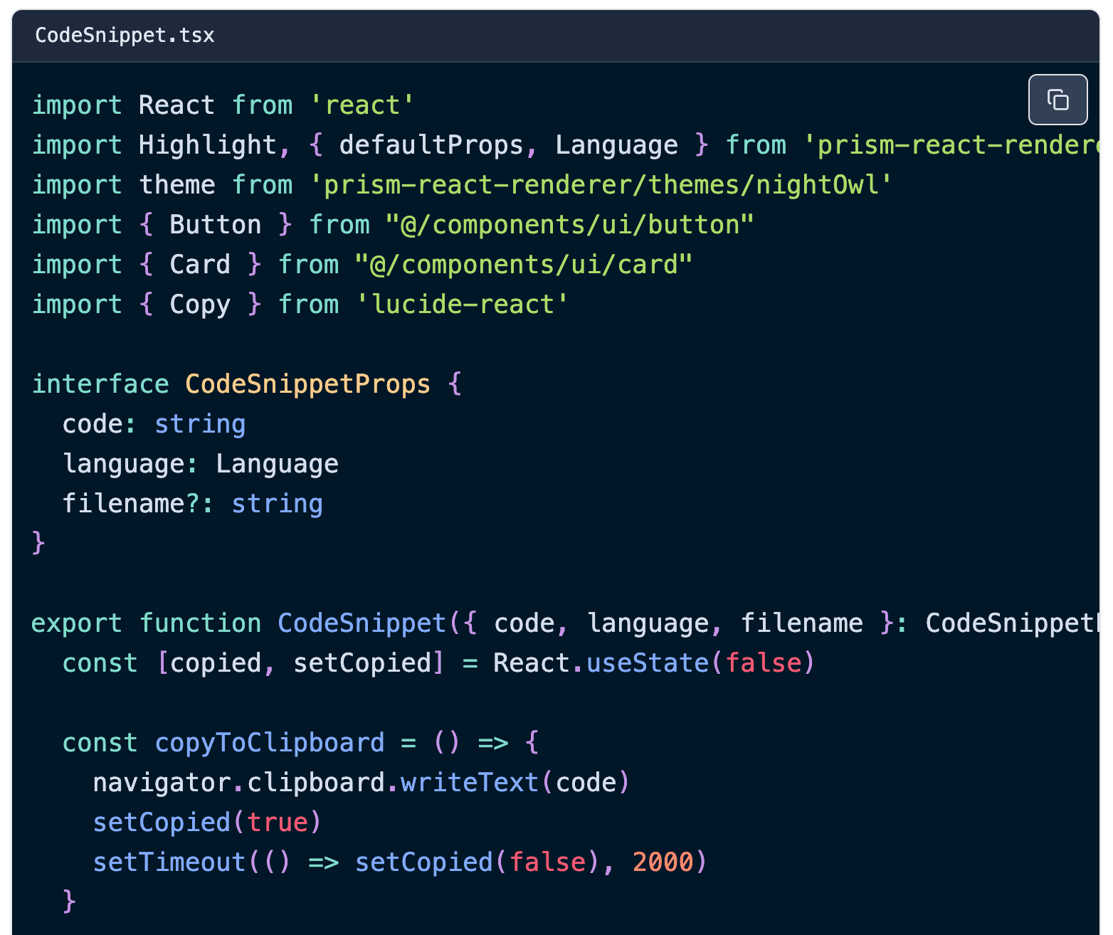Screenshot of a code snippet component